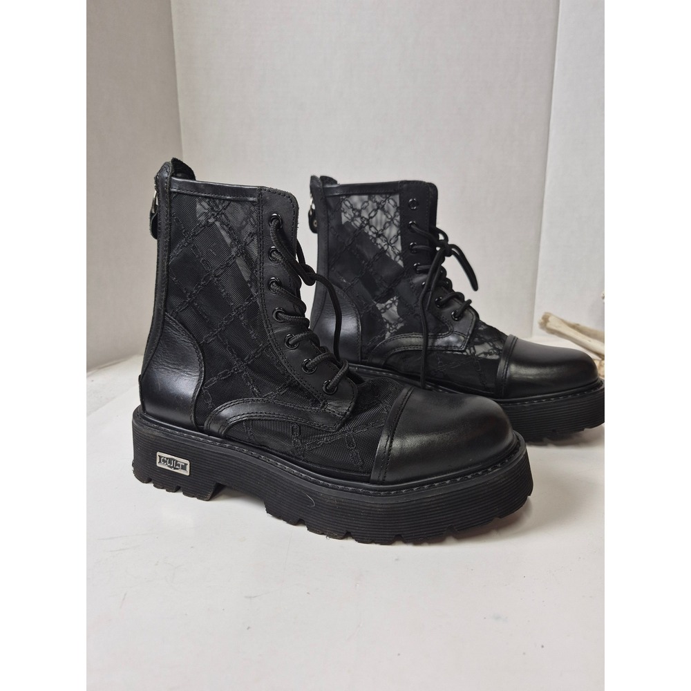 Cult Black Leather Mesh Chain Combat Boots Platform Lug Sole CLW 340300 Size 39